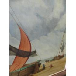 Nautisch olieverfschilderij op doek, 100x75 cm, strand/boot