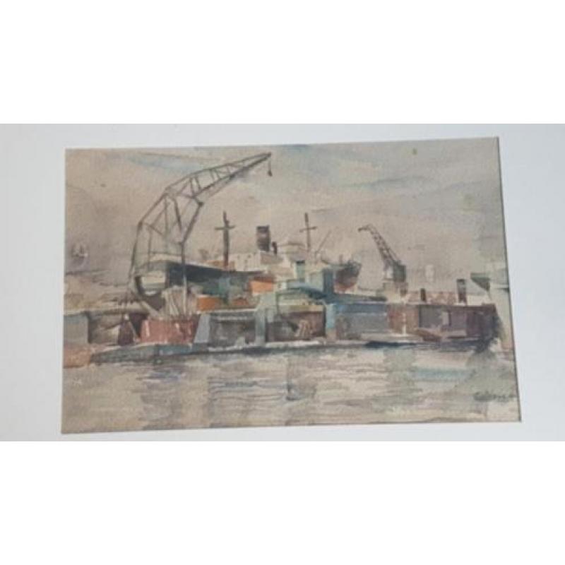 Aquarel August Willem ( A.W. )van Voorden Rotterdam Haven