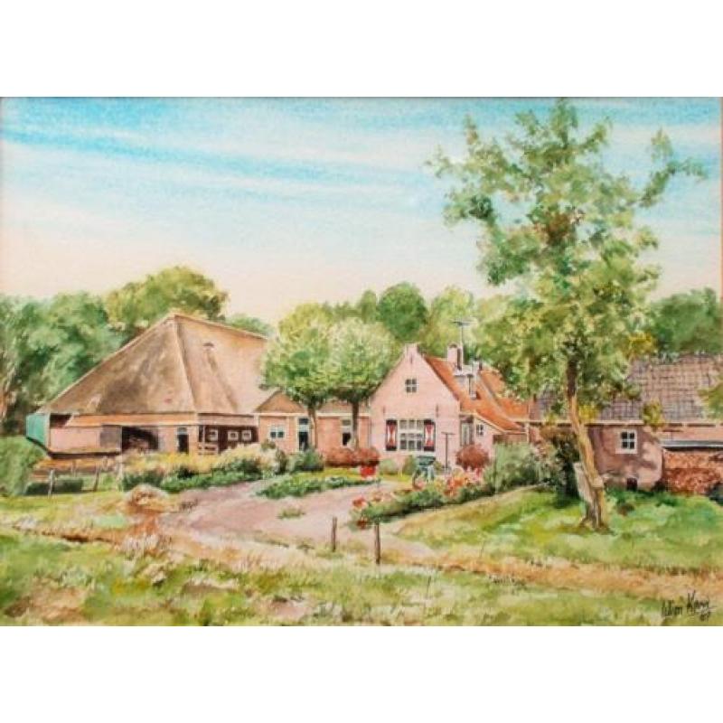 Aquarel gemaakt door Wim Kern van Dorpsgezicht met Boerderij