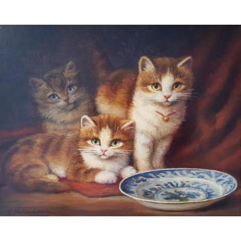 Bert Notenboom 1942 - 2011 - 3 kittens met delfts aardewerk