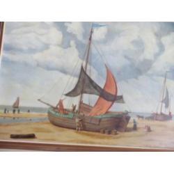 Nautisch olieverfschilderij op doek, 100x75 cm, strand/boot