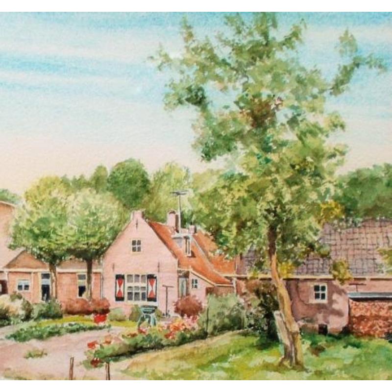 Aquarel gemaakt door Wim Kern van Dorpsgezicht met Boerderij